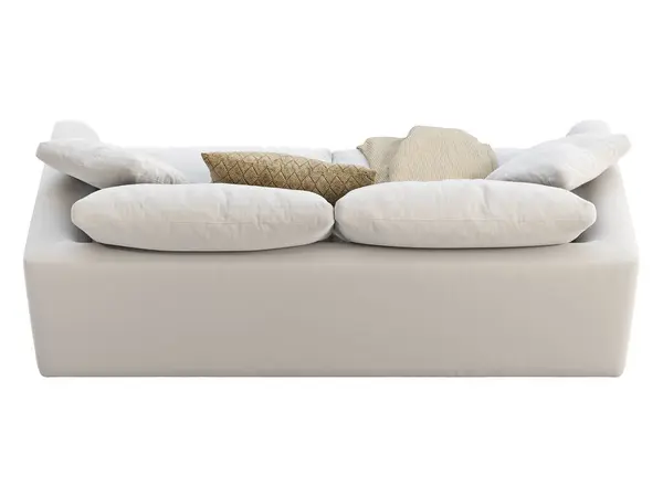 Modern Háromüléses Szövet Kanapé Fehér Textil Kárpitos Kanapé Párnákkal Fehér — Stock Fotó