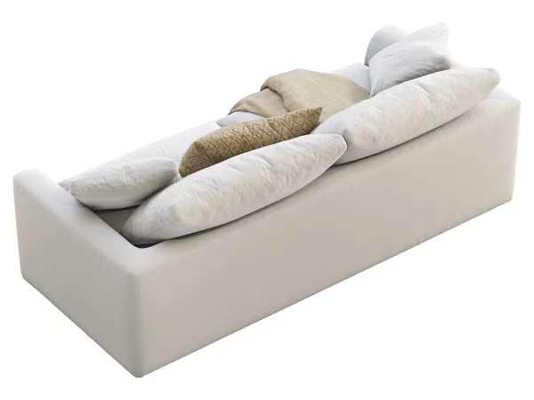现代三座位面料沙发 白色纺织品室内装饰沙发与枕头和白色背景格子 世纪中叶 查莱特 斯堪的纳维亚内陆 3D渲染 — 图库照片