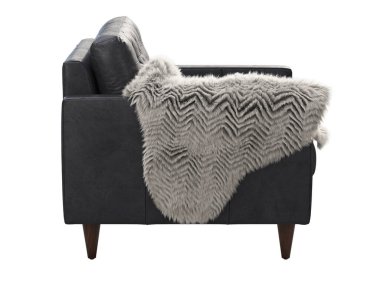 İskandinav deri koltuğu. Beyaz arka planda kürkü olan siyah deri döşeme koltuğu. Yüzyılın ortalarında, çatı katı, Chalet, İskandinav iç mimarisi. 3d hazırlayıcı