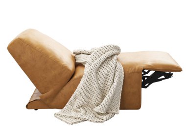 Modern kahverengi deri döşeme sandalyesi. Beyaz arka planda ekose örülmüş ayarlanabilir sandalye. Yüzyılın ortalarında, çatı katı, Chalet, İskandinav iç mimarisi. 3d hazırlayıcı