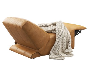 Modern kahverengi deri döşeme sandalyesi. Beyaz arka planda ekose örülmüş ayarlanabilir sandalye. Yüzyılın ortalarında, çatı katı, Chalet, İskandinav iç mimarisi. 3d hazırlayıcı