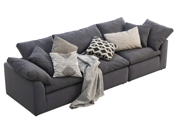 现代模块化深蓝色面料沙发 带有枕头和白色背景格子的纺织品室内装饰沙发 世纪中叶 查莱特 斯堪的纳维亚内陆 3D渲染 — 图库照片
