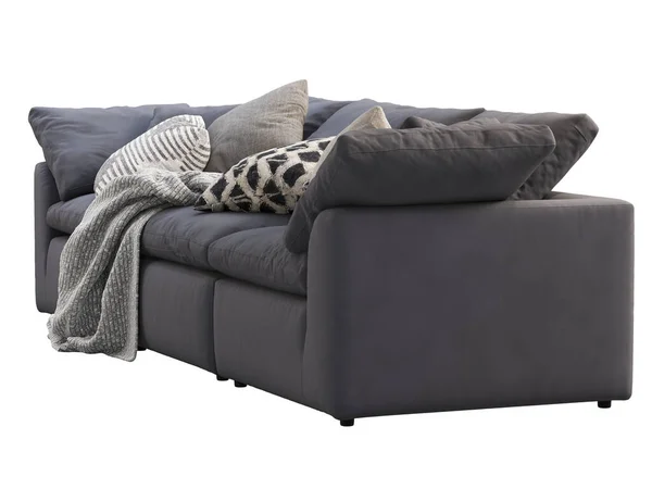 现代模块化深蓝色面料沙发 带有枕头和白色背景格子的纺织品室内装饰沙发 世纪中叶 查莱特 斯堪的纳维亚内陆 3D渲染 — 图库照片