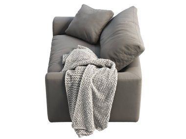 Gri kumaş döşeme koltuğu. Beyaz arka planda ekose örülmüş modern sandalye. Yüzyılın ortalarında, çatı katı, Chalet, İskandinav iç mimarisi. 3d hazırlayıcı