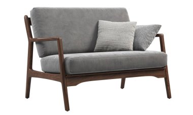 Yüzyıl ortası kumaş döşeme koltuğu. Beyaz arka planda keskin yastıklı ahşap taban kanepe. Yüzyılın ortalarında, modern, İskandinav, tavan arası. 3d hazırlayıcı