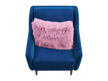 Tahta bacaklı İskandinav tekstil koltuğu. Beyaz arka planda kürk aksanlı yastıklı turuncu kadife döşeme koltuğu. Yüzyılın ortalarında, çatı katı, Chalet, İskandinav iç mimarisi. 3d hazırlayıcı