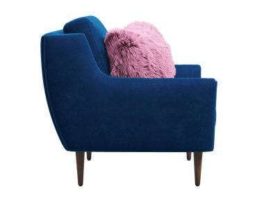 Tahta bacaklı İskandinav tekstil koltuğu. Beyaz arka planda kürk aksanlı yastıklı turuncu kadife döşeme koltuğu. Yüzyılın ortalarında, çatı katı, Chalet, İskandinav iç mimarisi. 3d hazırlayıcı