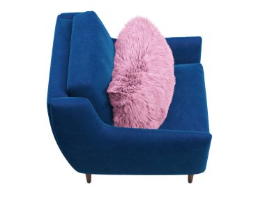 Tahta bacaklı İskandinav tekstil koltuğu. Beyaz arka planda kürk aksanlı yastıklı turuncu kadife döşeme koltuğu. Yüzyılın ortalarında, çatı katı, Chalet, İskandinav iç mimarisi. 3d hazırlayıcı