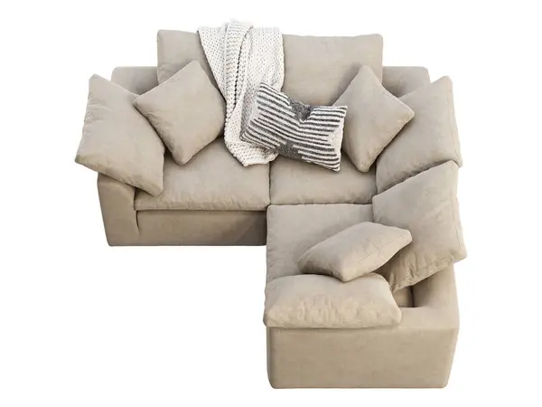 現代コーナーモジュラーファブリックソファー ベージュ織物は枕と白い背景に置かれた編まれたソファーを支持します シャレー スカンジナビアのインテリア 3Dレンダリング — ストック写真