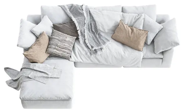 モダンな3シートモジュラーファブリックソファ 白い織物は枕と白い背景に置かれた置かれたソファーを支持します シャレー スカンジナビアのインテリア 3Dレンダリング — ストック写真