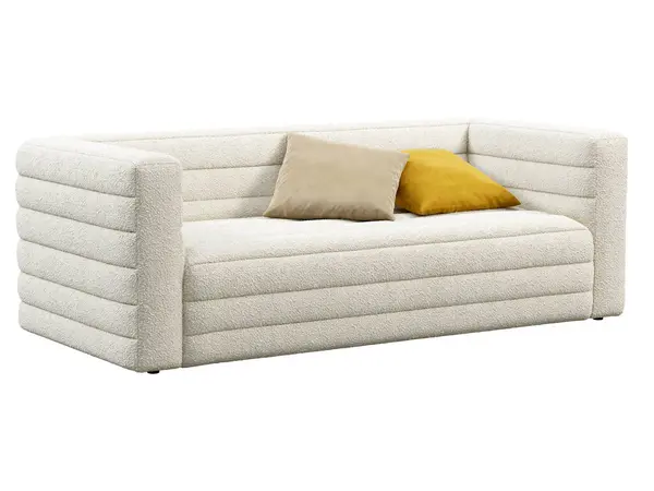 现代双座位纺织品沙发 白色的小花软垫沙发椅 白色背景的天鹅绒枕头 世纪中叶 查莱特 斯堪的纳维亚内陆 3D渲染 — 图库照片
