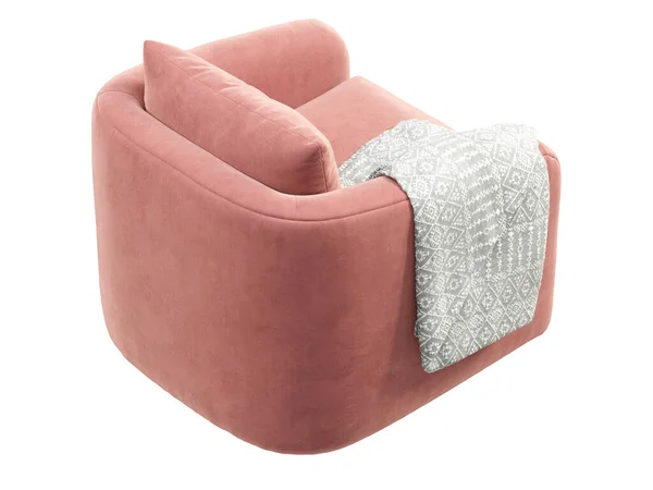 现代纺织品转椅 粉红的天鹅绒靠背扶手椅 白色背景的抛出格子布 世纪中叶 查莱特 斯堪的纳维亚内陆 3D渲染 — 图库照片