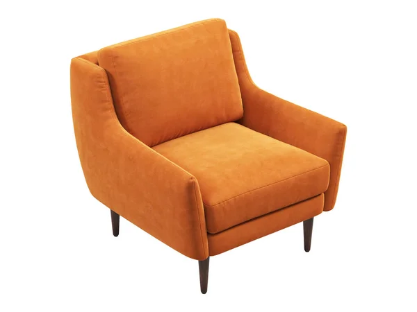 斯堪的纳维亚纺织品椅子 橙色天鹅绒靠背扶手椅 木制腿 白色背景 世纪中叶 查莱特 斯堪的纳维亚内陆 3D渲染 — 图库照片