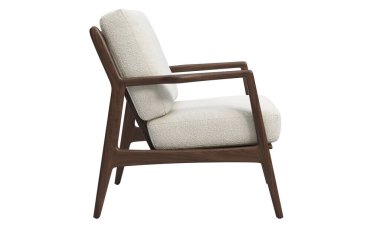 Yüzyıl ortası kumaş döşeme sandalyesi. Tahta tabanlı beyaz arka planda sandelye. Yüzyılın ortalarında, modern, İskandinav, tavan arası. 3d hazırlayıcı