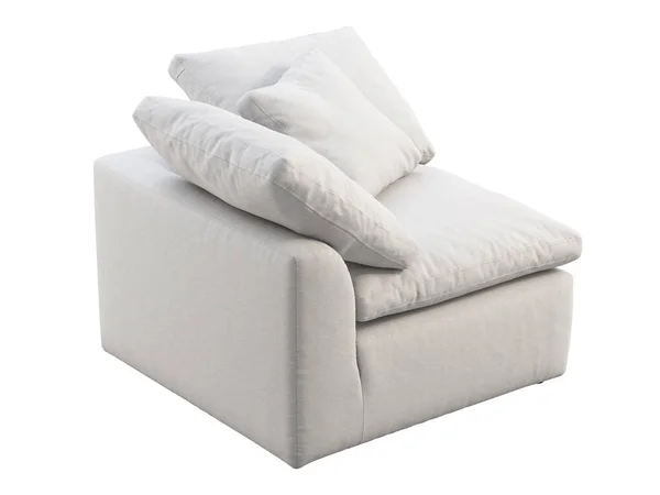 白い生地の装飾的なコーナー モジュールの椅子 白い背景に枕が付いている現代椅子 ロフト シャレー スカンジナビアのインテリア 3Dレンダリング — ストック写真