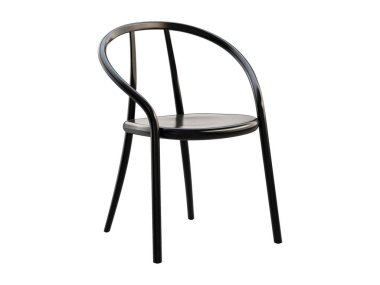 Siyah, buharlı, ahşap bir sandalye. Beyaz arka planda sırtüstü ve dizliği olan ahşap kayın koltuğu. Yüzyılın ortalarında, modern, İskandinav, tavan arası. 3d hazırlayıcı