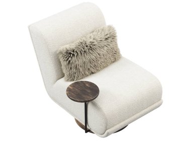 Modern tekstil döner sandalye. Kürk yastıklı beyaz döşeme sandalyesi ve beyaz arka planda kahve masası. Yüzyılın ortalarında, çatı katı, Chalet, İskandinav iç mimarisi. 3d hazırlayıcı