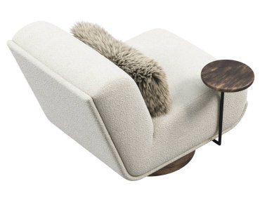 Modern tekstil döner sandalye. Kürk yastıklı beyaz döşeme sandalyesi ve beyaz arka planda kahve masası. Yüzyılın ortalarında, çatı katı, Chalet, İskandinav iç mimarisi. 3d hazırlayıcı