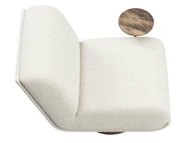 Modern tekstil döner sandalye. Beyaz arka planda yuvarlak kahve masası olan beyaz döşemeli sandalye. Yüzyılın ortalarında, çatı katı, Chalet, İskandinav iç mimarisi. 3d hazırlayıcı
