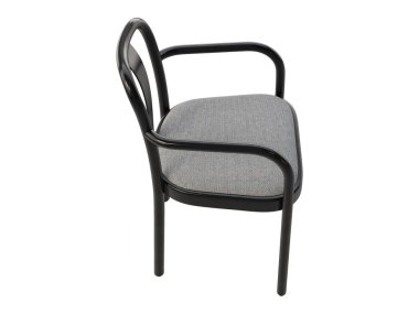 Siyah, buharlı, ahşap bir sandalye. Beyaz arka planda sırtüstü ve dizliği olan ahşap kayın koltuğu. Yüzyılın ortalarında, modern, İskandinav, tavan arası. 3d hazırlayıcı