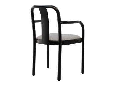 Siyah, buharlı, ahşap bir sandalye. Beyaz arka planda sırtüstü ve dizliği olan ahşap kayın koltuğu. Yüzyılın ortalarında, modern, İskandinav, tavan arası. 3d hazırlayıcı