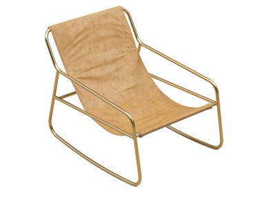 Modern kahverengi deri koltuk. Beyaz arka planda deri, altın çerçeveli sallanan sandalye. Yüzyılın ortalarında, çatı katı, Chalet, İskandinav iç mimarisi. 3d hazırlayıcı