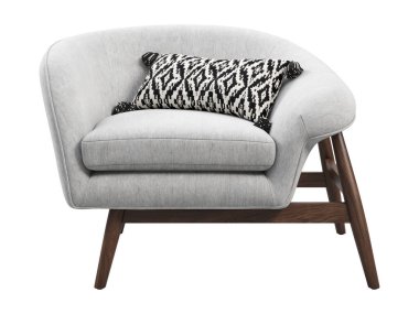 Yüzyıl ortası kumaş döşeme sandalyesi. Tahta bacaklı minderli sandalye ve beyaz arka planda aksan yastığı. Yüzyılın ortalarında, modern, İskandinav, tavan arası. 3d hazırlayıcı