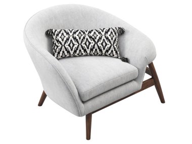 Yüzyıl ortası kumaş döşeme sandalyesi. Tahta bacaklı minderli sandalye ve beyaz arka planda aksan yastığı. Yüzyılın ortalarında, modern, İskandinav, tavan arası. 3d hazırlayıcı