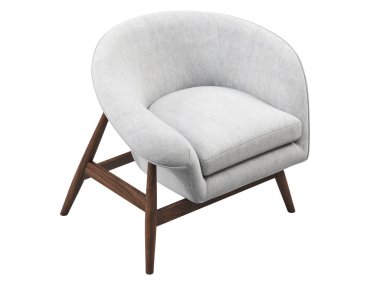 Yüzyıl ortası kumaş döşeme sandalyesi. Tahta bacaklı, beyaz arka planda yastıklı sandalye. Yüzyılın ortalarında, modern, İskandinav, tavan arası. 3d hazırlayıcı