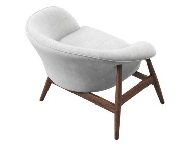 Yüzyıl ortası kumaş döşeme sandalyesi. Tahta bacaklı, beyaz arka planda yastıklı sandalye. Yüzyılın ortalarında, modern, İskandinav, tavan arası. 3d hazırlayıcı