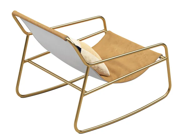 现代棕色皮椅 皮革金框架摇椅 有口音枕头 白色背景 世纪中叶 查莱特 斯堪的纳维亚内陆 3D渲染 — 图库照片