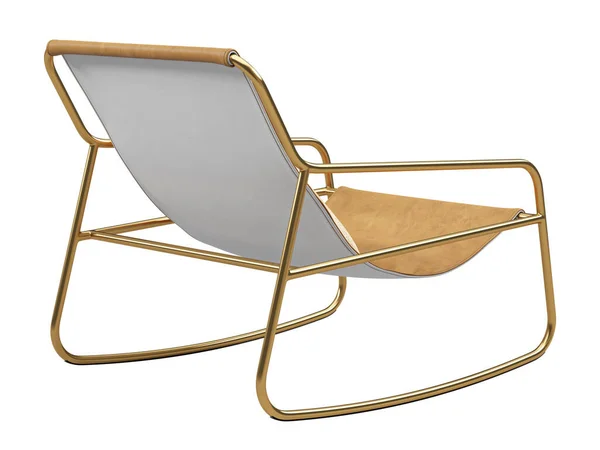 現代茶色の革の椅子 ホワイトバックのアクセント枕付きレザーゴールドフレームロッキングチェア ロフト シャレー スカンジナビアのインテリア 3Dレンダリング — ストック写真