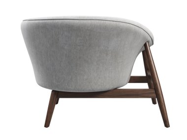 Yüzyıl ortası kumaş döşeme sandalyesi. Tahta bacaklı, beyaz arka planda yastıklı sandalye. Yüzyılın ortalarında, modern, İskandinav, tavan arası. 3d hazırlayıcı