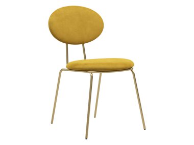 Modern tekstil koltuğu. Beyaz arka planda metal tabanlı sarı kadife döşeme. Yüzyılın ortalarında, çatı katı, Chalet, İskandinav iç mimarisi. 3d hazırlayıcı
