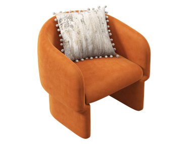 Modern tekstil koltuğu. Beyaz arka planda aksanlı yastıklı turuncu kadife döşeme. Yüzyılın ortalarında, çatı katı, Chalet, İskandinav iç mimarisi. 3d hazırlayıcı
