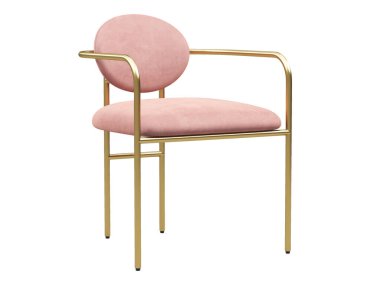 Modern tekstil koltuğu. Pembe kadife döşeme koltuğu, beyaz arka planda altın metal tabanlı. Yüzyılın ortalarında, çatı katı, Chalet, İskandinav iç mimarisi. 3d hazırlayıcı