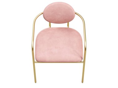 Modern tekstil koltuğu. Pembe kadife döşeme koltuğu, beyaz arka planda altın metal tabanlı. Yüzyılın ortalarında, çatı katı, Chalet, İskandinav iç mimarisi. 3d hazırlayıcı