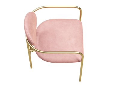 Modern tekstil koltuğu. Pembe kadife döşeme koltuğu, beyaz arka planda altın metal tabanlı. Yüzyılın ortalarında, çatı katı, Chalet, İskandinav iç mimarisi. 3d hazırlayıcı