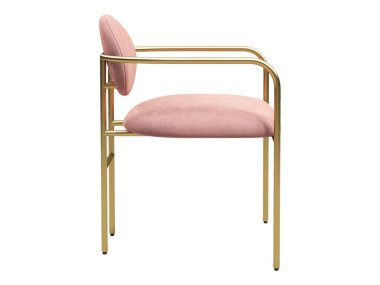 Modern tekstil koltuğu. Pembe kadife döşeme koltuğu, beyaz arka planda altın metal tabanlı. Yüzyılın ortalarında, çatı katı, Chalet, İskandinav iç mimarisi. 3d hazırlayıcı