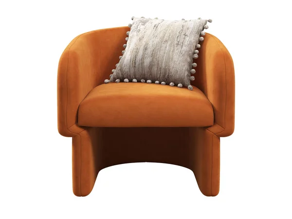 Modern textile chair. Orange velvet upholstery armchair with an accent pillow on white background. Mid-century, Loft, Chalet, Scandinavian interior. 3d render