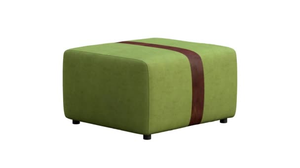 Circular Animation Green Fabric Ottoman Brown Leather Inserts White Background — Stock Video