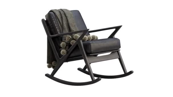 中世纪黑色皮革软垫摇椅的圆形动画 带格子 白色背景的木制底座 世纪中叶 现代斯堪的纳维亚内陆 3D渲染 — 图库视频影像