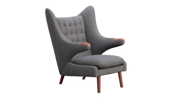 世纪中叶灰色面料座椅的圆形动画 白色背景的木制腿的面料内饰扶手椅 世纪中叶斯堪的纳维亚内陆的阁楼3D渲染 — 图库视频影像
