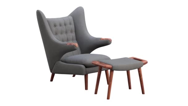 圆形动画的本世纪中叶灰色面料座椅和脚垫 白色背景的木制腿的面料内饰扶手椅 世纪中叶斯堪的纳维亚内陆的阁楼3D渲染 — 图库视频影像