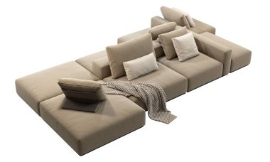 Modern modüler kumaş kanepe. Beyaz arka planda yastıklı ve ekose kumaşlı bej döşeme koltuğu. Modern, Chalet, İskandinav iç mimarisi. 3d hazırlayıcı