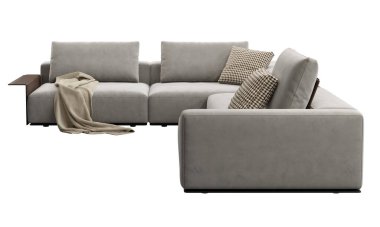 Modern köşe kumaş kanepe. Yastıklı gri tekstil döşeme kanepesi ve beyaz arka planda örülmüş ekose. Yüzyılın ortalarında, Chalet, İskandinav iç mimarisi. 3d hazırlayıcı