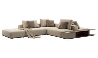 Depoyla birlikte modern köşe kumaş kanepesi. Yastıklı bej tekstil döşeme kanepesi ve beyaz arka planda örülmüş ekose. Yüzyılın ortalarında, Chalet, İskandinav iç mimarisi. 3d hazırlayıcı