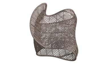 Modern hasır kaplamalı açık hava koltuğu. Beyaz arka planda arkası olan modern Hasır Rattan dış koltuğu. Yüzyılın ortalarında, modern, İskandinav, tavan arası. 3d hazırlayıcı