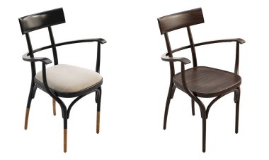 Yumuşak koltuklu siyah, buharlı, ahşap bir sandalye. Beyaz arka planda kolluk olan tahta kayın koltuğu. Yüzyılın ortalarında, modern, İskandinav, tavan arası. 3d hazırlayıcı