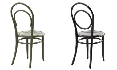 Siyah, buharlı, ahşap bir sandalye. Beyaz arka planda arkası olan ahşap kayın koltuğu. Yüzyılın ortalarında, modern, İskandinav, tavan arası. 3d hazırlayıcı